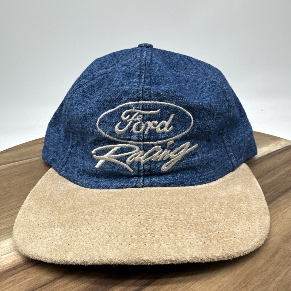 Vintage Ford Racing Adj‎ Leather Strap Denim Cap Suede Visor Made In USA EUC